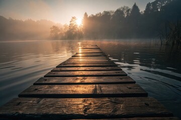 Naklejka premium Wooden dock extending into a misty lake at sunrise
