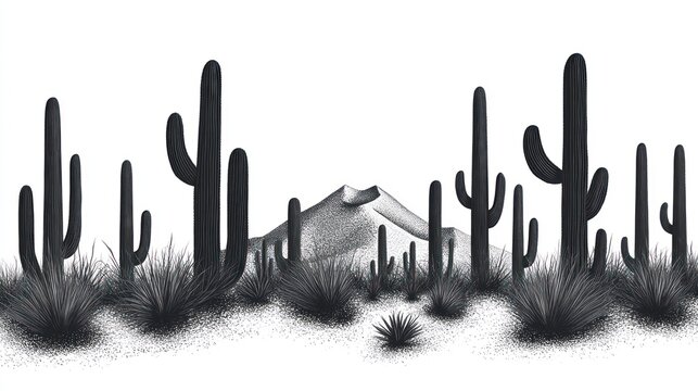 Desert cactus landscape illustration black and white pointillist style