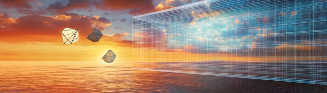 Abstract digital artwork of floating objects over a sunset.