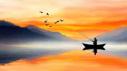 Serene Sunset Fishing Silhouette of a Fisherman in a Calm Lake Surrounded by Mountains