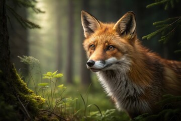 Fototapeta premium Red fox portrait in a lush green forest environment