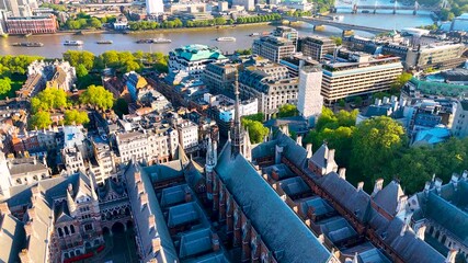 Panoramic drone shot of the Royal Courts of Justice in central London. Ideal for legal, tourism, education, and architecture-related commercial use.