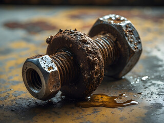Rusting bolt and nut close up: A detailed, high-angle shot of a weathered bolt and nut, coated in rust and moisture, lying on a reflective surface. The image evokes a sense of age, industrial wear.