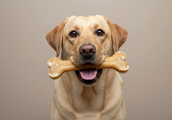 Labrador Retriever Holding Rawhide Bone &mdash; A playful black labrador with a large chew bone in its mouth, set against a plain beige background with ample copy space.
