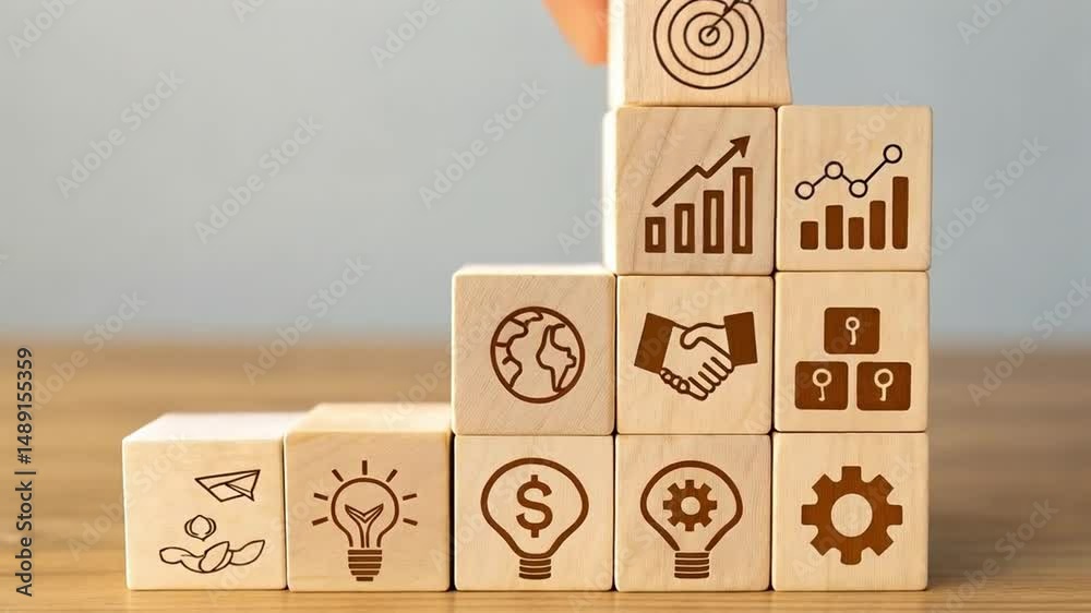 Poster hand placing target block on wooden blocks with business icons on a wooden surface against gray wall