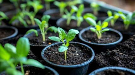 Fresh Green Seedlings Growing in Soil in Small Black Plant Pots
