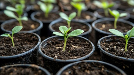 Fresh Seedlings Growing in Plastic Pots with Rich Soil Background