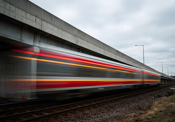 Fast moving train under overpass