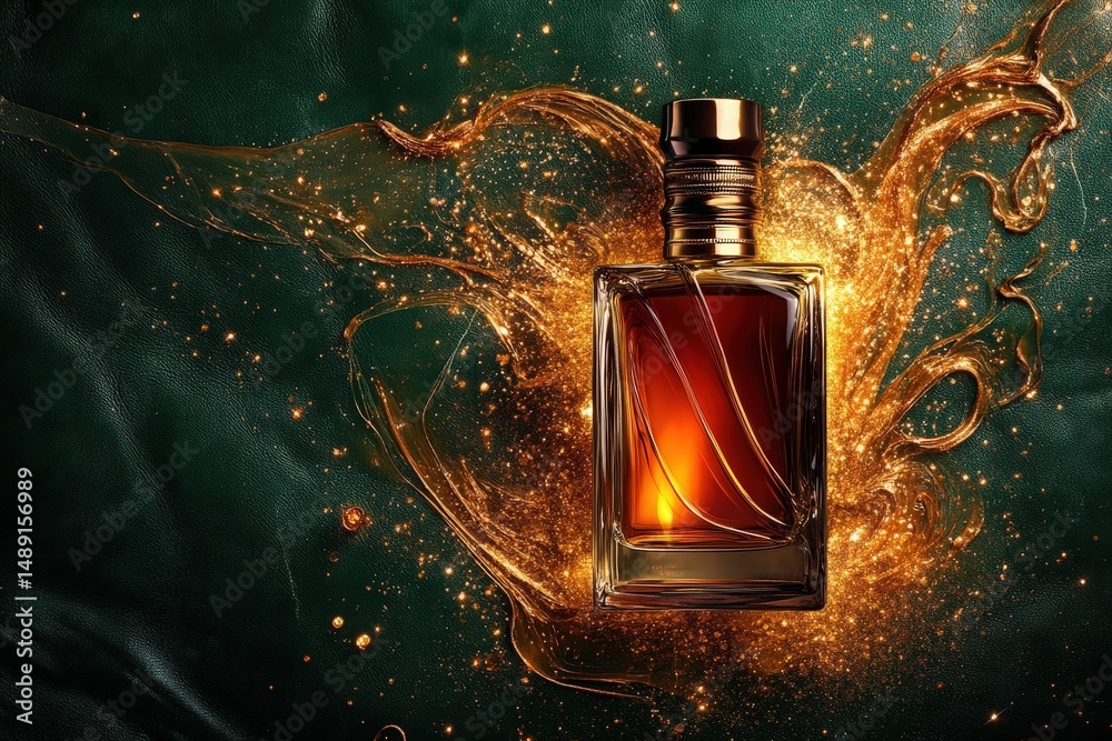 Poster golden perfume bottle in dynamic liquid splash.