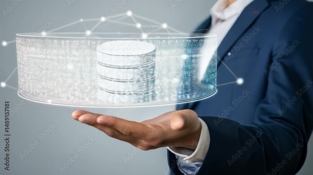Poster Database icon over hand with network connections and a man in a suit on a gray background