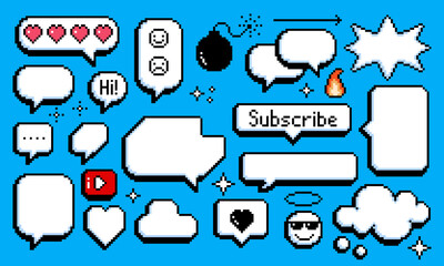 Pixel speech bubble set chat boxes, dialogue balloons, emoticon icons on blue background. Vector illustration