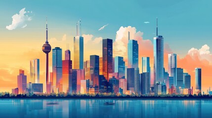 Colorful skyline depiction with towering skyscrapers against serene waters
