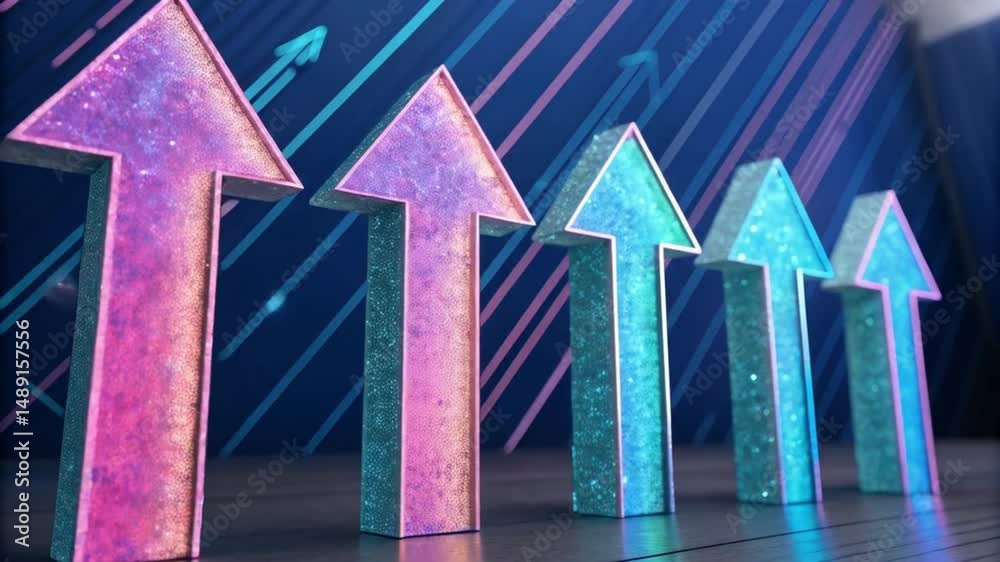 Aufkleber Colorful upward pointing arrows with glitter texture on a dark blue background with diagonal lines