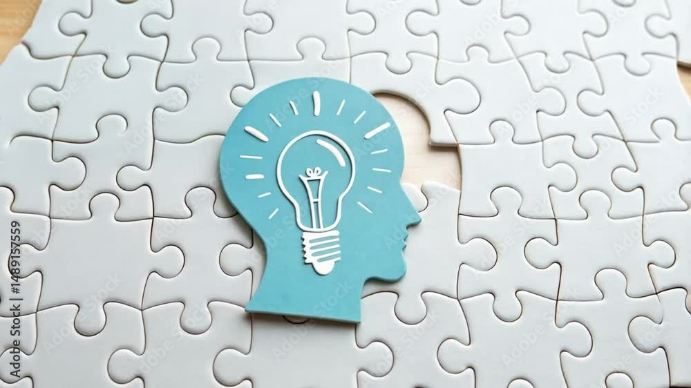 Aufkleber Hand placing head with lightbulb puzzle piece into jigsaw puzzle with missing piece in the middle