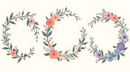 Obraz premium Elegant floral wreath set. Perfect for wedding invitations, greeting cards, and decorative designs. Features delicate flowers and leaves in a circular arrangement.