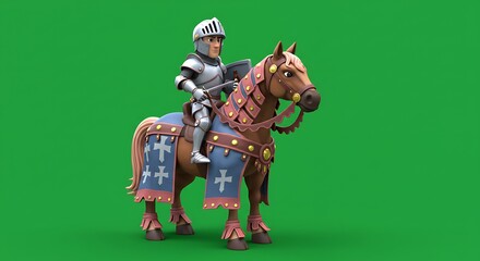 Fototapeta premium cartoon knight in full armor sitting proudly on war horse, centered on green screen background 