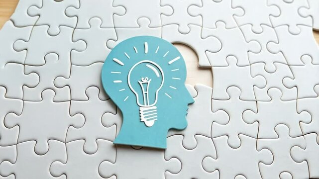 Hand placing head with lightbulb puzzle piece into jigsaw puzzle with missing piece in the middle