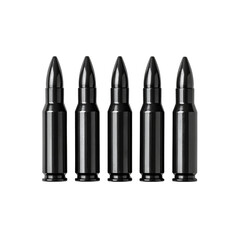 Five black rifle cartridges isolated on gun war ammo on transparent background