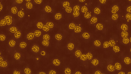 Microscopic view of small, golden-brown, circular structures scattered on a dark background