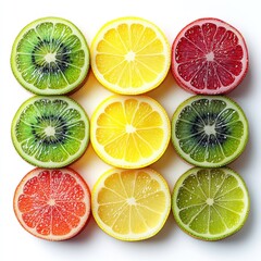 Obraz premium Colorful arrangement of sliced citrus fruits showcasing vibrant textures and freshness