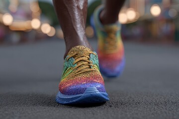 Obraz premium Colorful Knit Running Shoes City Street Race Athlete Feet Closeup