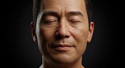 Fototapeta premium Middle-aged Asian man with closed eyes expressing serenity and peace