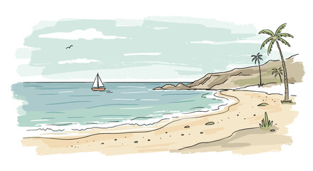 Naklejka premium Illustration of a serene beach cove with sailboat and palm trees 