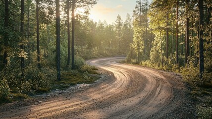 Obraz premium A tranquil gravel track winds through a lush forest, bathed in warm sunlight at sunrise, inviting exploration and adventure in nature's beauty.