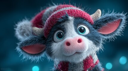 Fototapeta premium Cute Christmas Cow Winter Animal Portrait Holiday Festive Calf