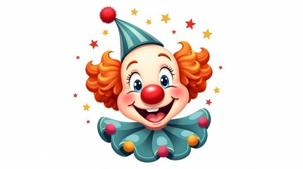 Cheerful clown face with big red nose and colorful makeup. Festive, fun illustration. Best for party invitations, children's designs, and entertainment themes.