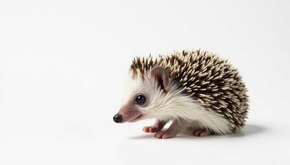 Obraz premium A tiny hedgehog, curled in a ball, on a pure white background , macro photography, small, closeup