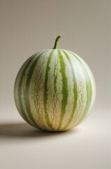 Whole Watermelon with Green Stripes on Minimalist Background

