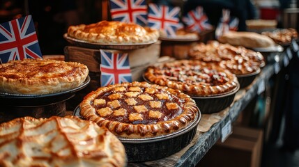 Selection of savory and sweet pies presented with British flags at market