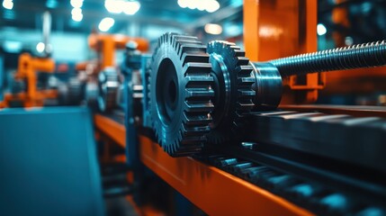 Fototapeta premium Industrial gears and machinery in motion close up view of metallic components