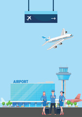 Vector Illustration of Pilot and Flight Attendant with Airplane Airport Background