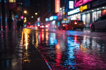 Obraz premium City street at night with rain and reflections