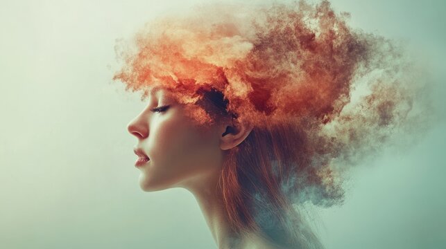 Serene woman with exploding hair peaceful portrait earthy tones soft colors