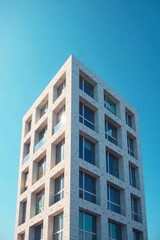 Obraz premium Modern geometric building facade against clear blue sky, shapes, structure, abstract