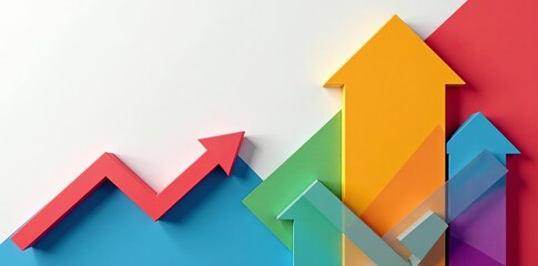 Modern geometric office wall symbols with arrow pointing upward in bright colors, success, strategy, abstract