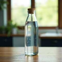 Modern glass water bottle with cork cap on wooden table, design, stylish