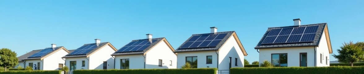 Fototapeta premium Modern homes with solar panels on rooftops against clear blue sky, house, residential
