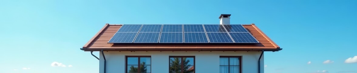 Fototapeta premium Modern house with solar panels on roof against clear blue sky, clean energy, electricity