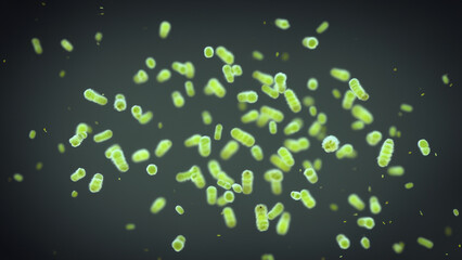Microscopic view of numerous vibrant green bacilli bacteria