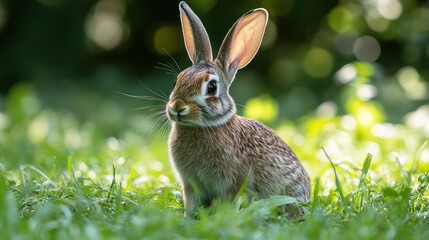 Fototapeta premium Captivating portrait of a wild rabbit in a vibrant green meadow environment