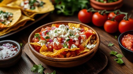 Artisanal Mexican Food Still Life: Crispy Nachos with Fresh Toppings and Tomatoes