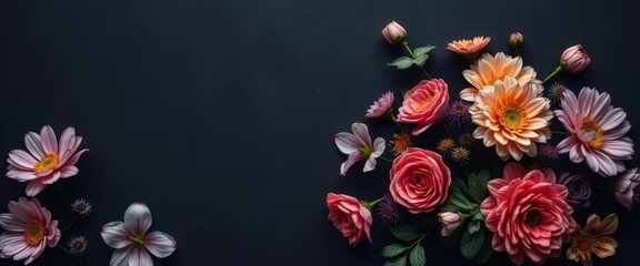 Moody floral arrangement featuring geometrically arranged blooms against a dark, textured background, light, still life photography