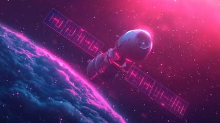 Obraz premium Futuristic satellite orbiting a vibrant neon exoplanet in a cosmos setting