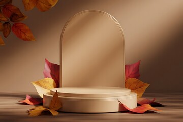 Autumnal stage display with archway and vibrant fall leaves creating a festive theme