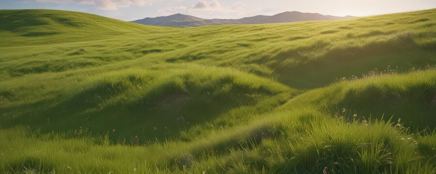 Gentle slope of vibrant spring grass blankets a rolling hill ,  rolling hills, idyllic, environment