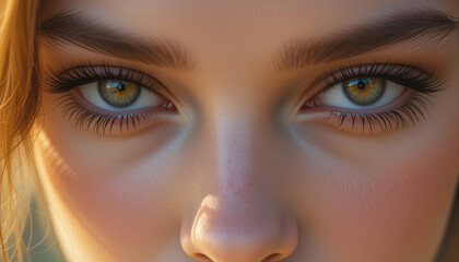 Fototapeta premium Close-up of Hazel Eyes: Captivating close-up shot focusing on a pair of alluring hazel eyes, their warm honey-gold flecks shining with an inner light. The image evokes feelings of beauty.